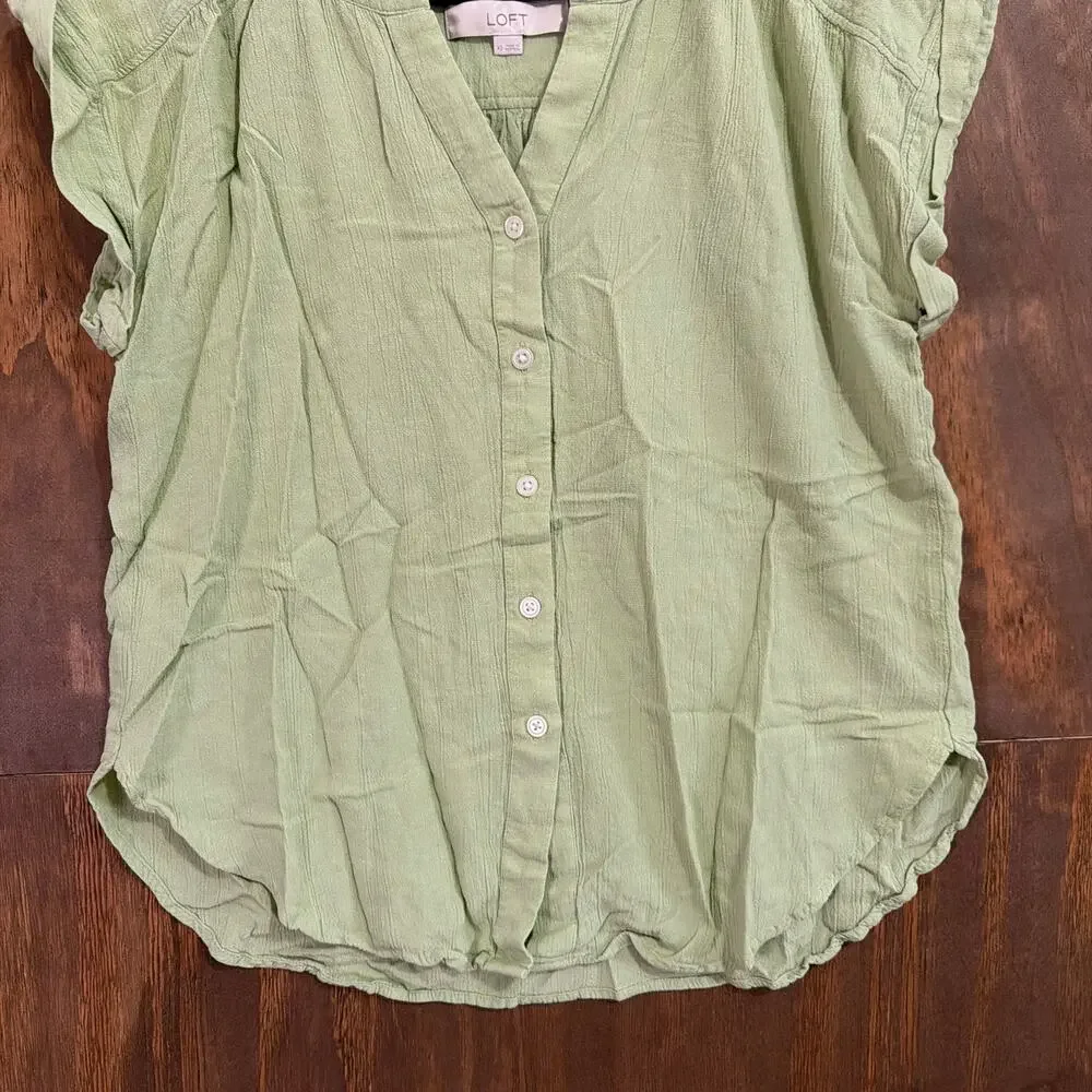 LOFT Womens Blouse Green Cap Sleeve Button Down V Neck Linen Blend XS